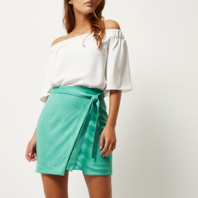 Bright green faux suede wrap mini skirt